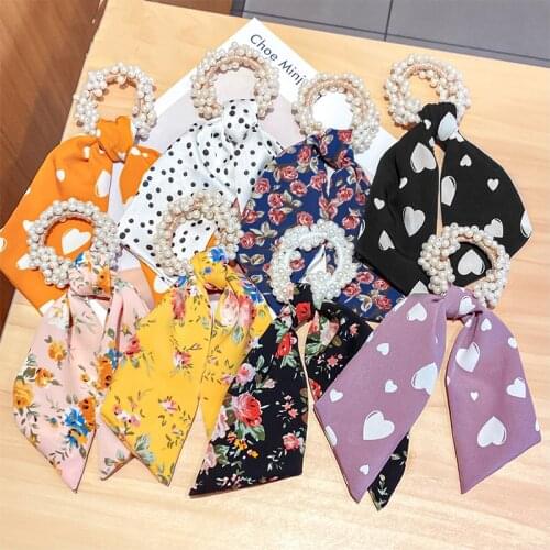 Vintage Print Headwear Women Simulation Pearl Hair Ties Ribbon Scrunchies Hair Accessories Girls Ponytail Holders Rubber Band