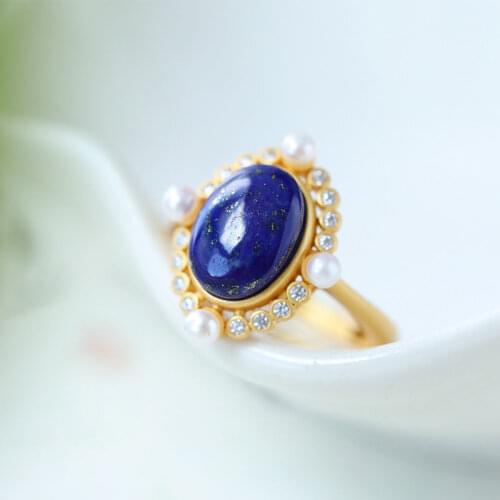 S925 Sterling Silver Ring Inlaid Natural Lapis Lazuli Pearl Ring Vintage Womens Versatile Opening Ring Ornament Womens