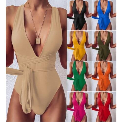 Sexy Swimsuit women 2020 European and American Solid deep V-neck backless tie one piece swimsuit bikini plus-size white monokini