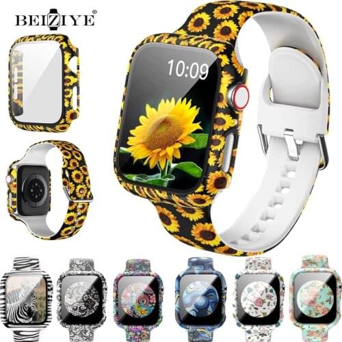 Pattern Replacement Case+Silicone Strap For Apple Watch 44mm 42mm 40mm 38mm Tempered Screen Protector for iWatch series SE 6 5 4