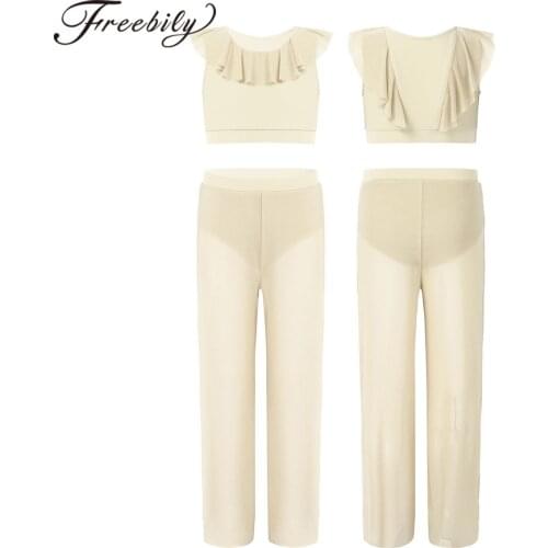 Kids Girls Ballet Dance Gymnastics Outfits Sleeveless Crop Top With Mesh Pants Dancewear Set Contemporary Lyrical Dance Costumes