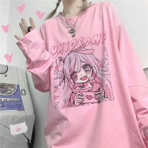 Pink Long Sleeve Tshirt Streetwear Oversized Cartoon T Shirt Funny Girl Harajuku Japan Amine Tops Casual Gothic Tshirt Female