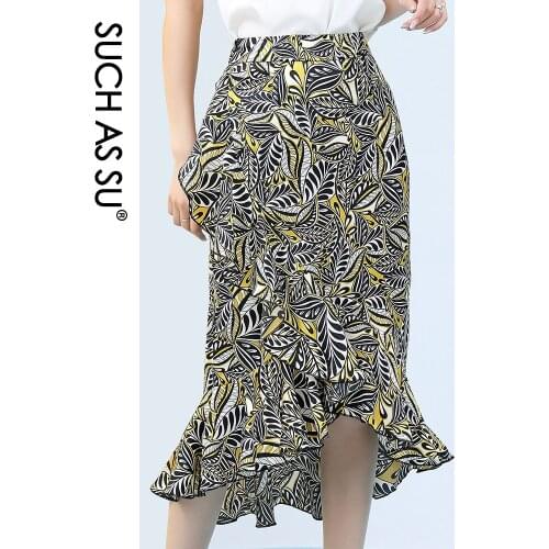 New Chiffon Print Skirt Women 2021 Summer Yellow Red High Waist Mid Long Mermaid Skirt S-3XL Plus Size Slim Ruffle Skirt Female