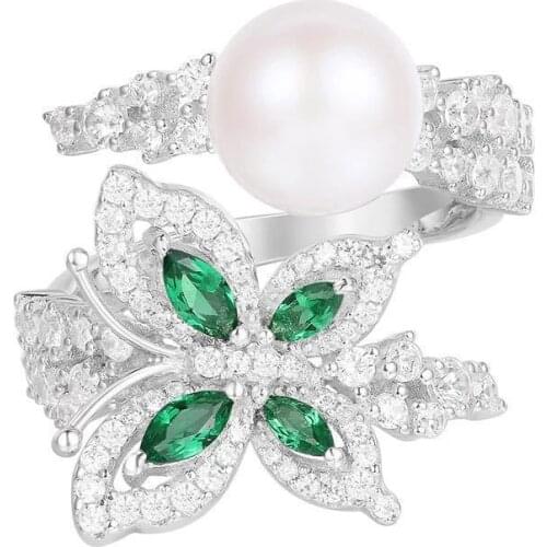 SLJELY 925 Sterling Silver Green Butterfly Finger Ring with Pearl for Women Cubic Zirconia stones CZ Luxury Brand France Jewelry