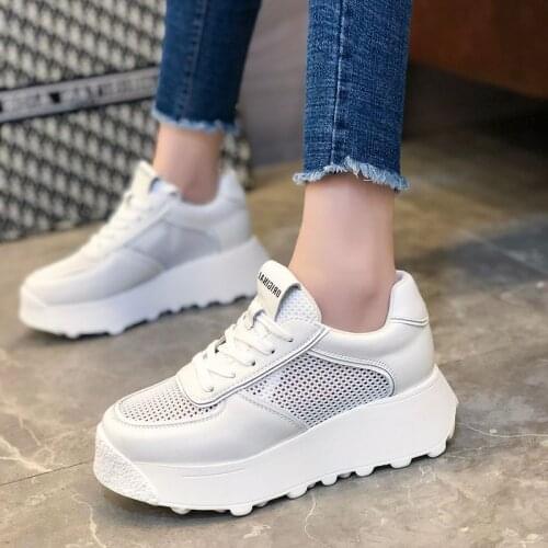 Women Running Shoes Mesh+ Leather White Platform Sneakers Women Chunky Outdoor Sport Shoes Women Jogging Shoes Athletic