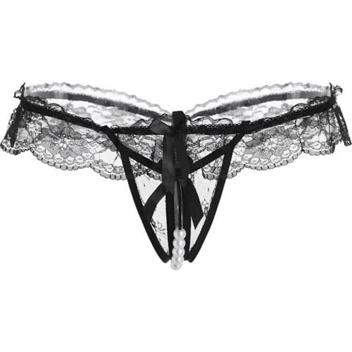 Women sexy thong lace temptation to open low waist Pearl massage female erotica T pants slutty underwear porno langerie