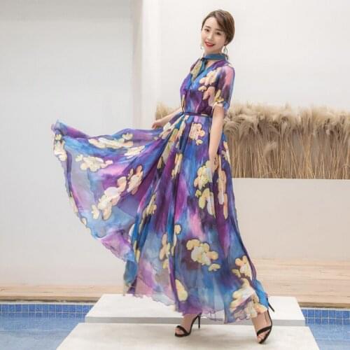 Sweet Bow Collar Maxi Dress Plus size Womens Short Sleeve Boho Colorful Flower Print Casual Long Dress beach Sundress