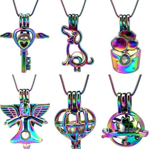 22'' Snake Chain Rainbow Pearl Cage Fish Tail Unicorn Cat Musical Note Locket Pendant Perfume Diffuser Stainless Chain Necklace