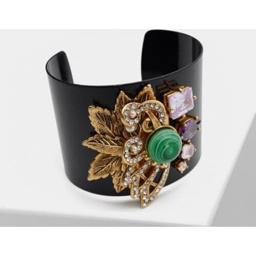 N38 retro leaf flower bangle for women wide adjustale bracelet jewelry gift