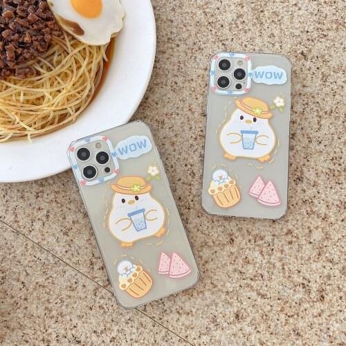 Summer Drinking Milk Tea Duck and Dessert Cover for iphone 12 Pro Max 11 X XR XS 7 8Plus Cartoon Cute Transparent Soft TPU Case
