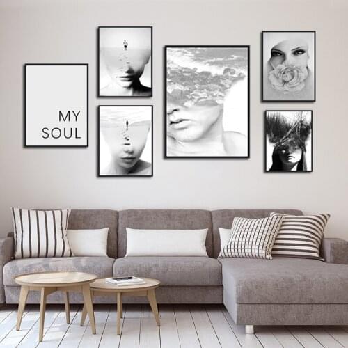 Black and White Abstract Fantasy Woman Flowers Figure Wall Pictures Canvas Painting Text Portrait Poster and Paint Living Room