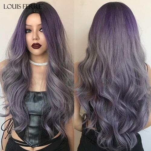 LOUIS FERRE Long Wavy Syntheric Wig Cosplay Black Purple Hair Wigs with Gray Highlights for Women Afro Fake Hair Heat Resistant