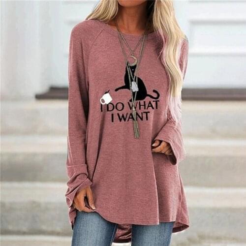 Spring Autumn New Round Neck Oversized T-shirt Long Sleeve Cat Printed Top Women Casual Loose Cotton Female Clothes Tunic Tees