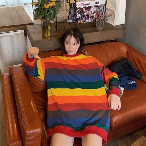 Maxxo Lively Rainbow Stripes Womens T-Shirt Aesthetic Long Sleeve Kawaii Clothes Punk Tops Tees Vintage Oversize Clothes 2021