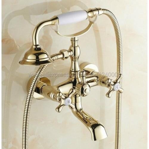 Wall Mounted Gold Brass Clawfoot Bathtub Faucet telephone style Bath Shower Water Mixer tap with Handshower Ktf130