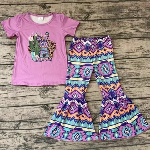 New Arrival Easter Day style Bunny Rabbit Purple Top Bell-Bottpm Pants Boutique Outfits for Baby Girl