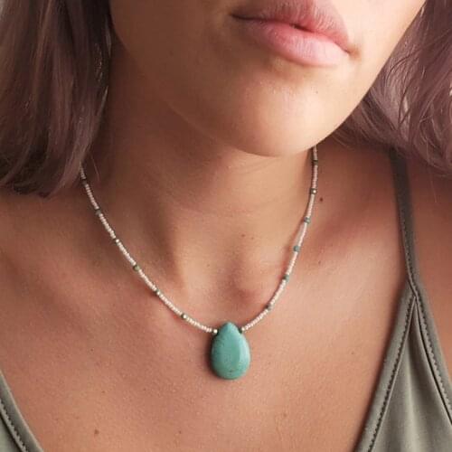 Gypsy Girl Bohemian Natural Stone Teardrop Necklace White Seed Bead Necklace Handmade Beaded Hippie Boho Egyptian Style Jewelry