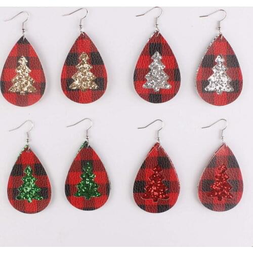 Christmas Buffalo Plaid Faux Leather Earrings Double Leather Glitter Christmas Tree Elk Earrings Xmas New Year Gift