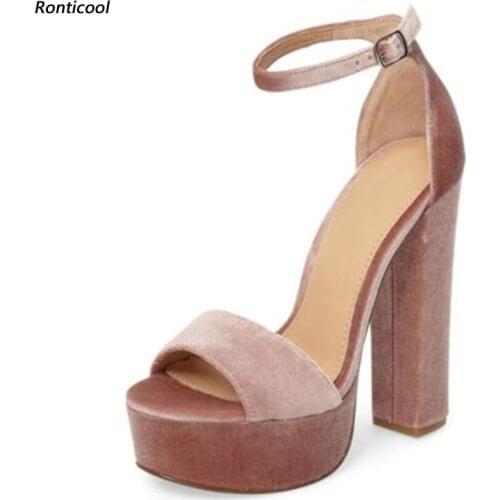 Ronticool Handmade Women Platform Sandals Velvet Fabric Ankle Strap Square High Heels Open Toe Office Shoes Women US Size 5-13