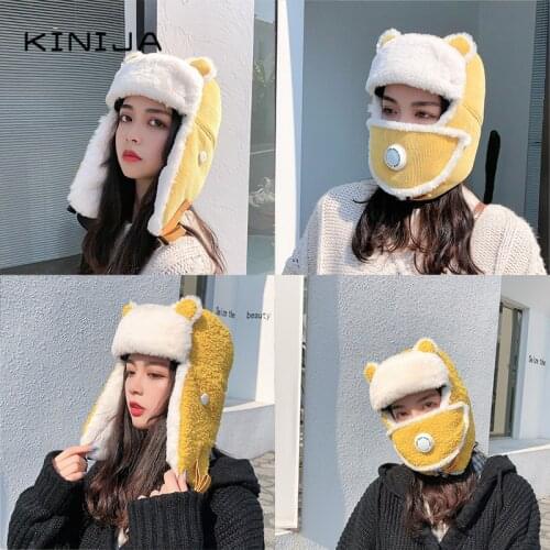 Winter Women Warm Thick Cashmere Bomber Hat Cute Bear Plush Mask Lei Feng Bonnet Girl Outdoor Russia Ski Ear Protection Face Cap