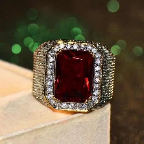 Gorgeous Male Female Big Red Engagement Ring Cute Yellow Gold Jewelry Zircon Stone Ring Vintage Wedding Rings For Men And Women