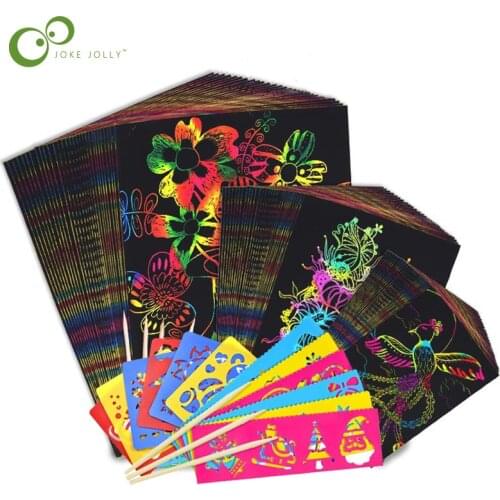 Magic Color Rainbow Scratch Art Paper Card Set with Graffiti Stencil for Drawing Stick DIY Art Painting Toy Kids Gift GYH