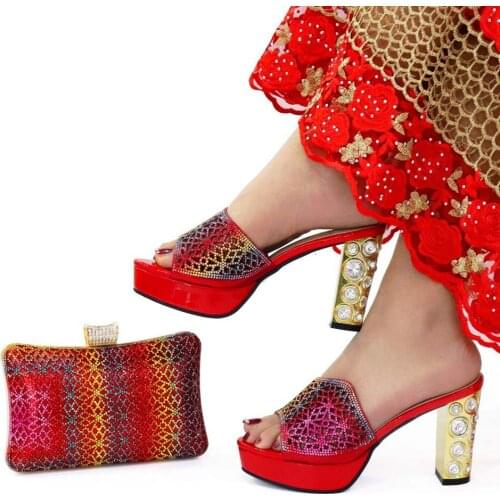 2021 Women Red Shoes and Bag Set to Match Luxury African High Heels Slippers Pumps With Clutch Handbag Sandals Purse CR538 9.5CM