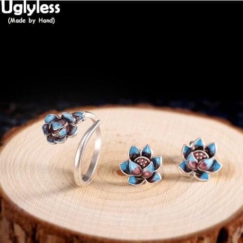 Uglyless Vintage Enamel Lotus Jewelry Sets for Women Ethnic Lotus Flowers Studs Earrings Rings Sets 925 Silver Fashion Jewelry