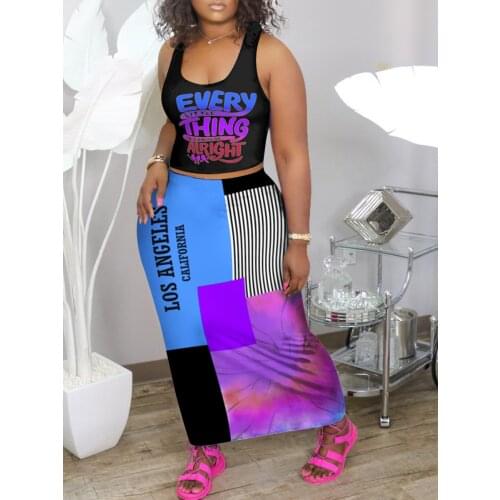 Summer Skirt Two Piece Set Women Fashion Plus Size Letter Printing Sleeveless Tshirt Skirt 2 Piece Suit Women