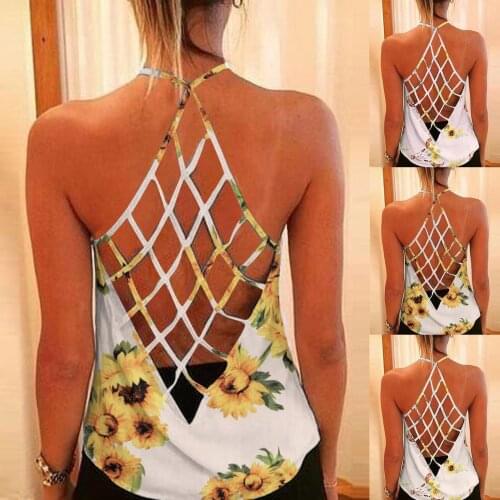 Ladies Fashion Summer Sleeveless Halter Cross-Tie Personalized Printing Vest Hollow Out Grid Exposed Back Solid Color Sexy Vest