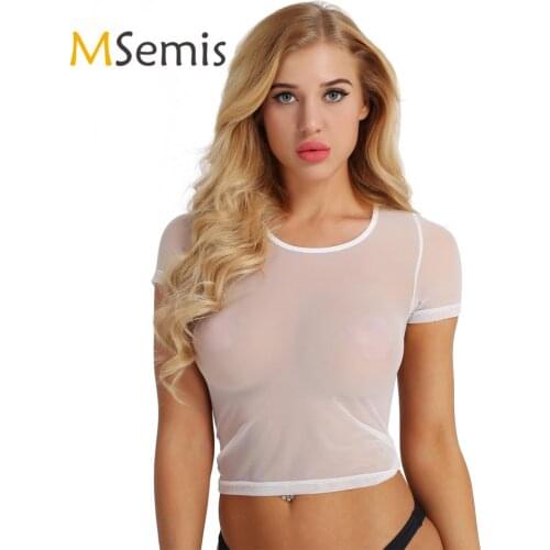 Women Sheer Crop Top See-Through Mesh Short Sleeve Scoop Neck Crop Top Stretchy Slim Fit Shorts Shirts Transparemt Lingerie