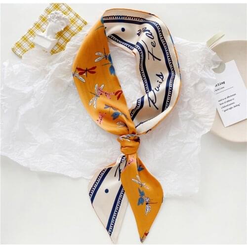 Luna&Dolphin Women Spring Skinny Scarf 100x6cm Silk Feeling Chiffon Headbands Retro Dragonfly Print Ribbon Neckercheif Streamer