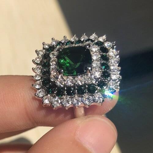 Luxury Green Stone Rings for Women Jewelry Gift Shining Square Crystal Wedding Anniversary Ring Lady Accessories Ring Wholesale
