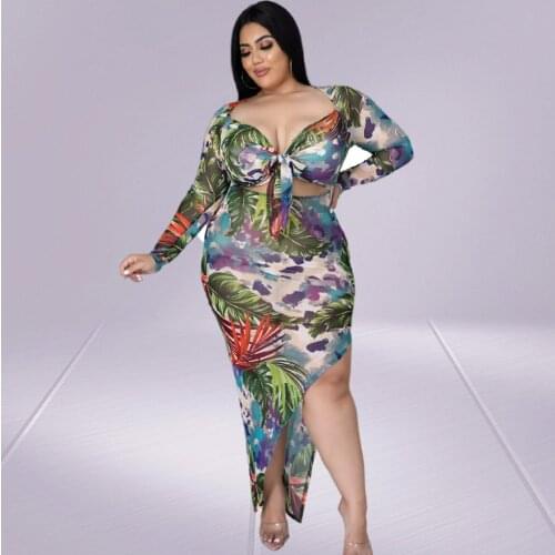 Plus Size Dress Women Clothing Print Bodycon Sexy Party Maxi Dresses Fashion Long Sleeve Beach Fall 2021Wholesale DropShipping
