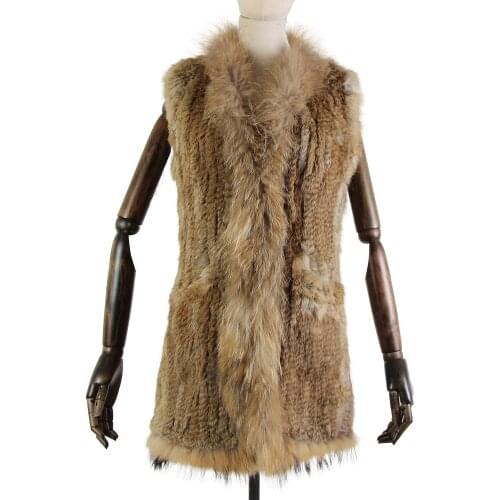 New fashion rabbit fur vest knit rabbit vest 80cm long style for women raccoon fur collar trim fur waistcoat pocket decoration