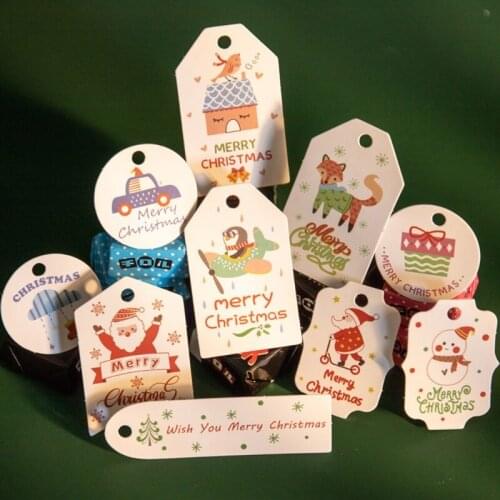200Pcs Christmas Gift Wrap Paper Tags with String Rope Assorted Cartoon Santa Animal Patterns Hanging Cards Label Decor