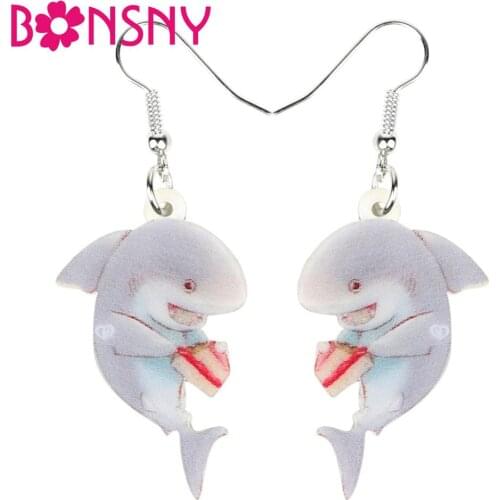 Bonsny Acrylic Cartoon Ocean Shark Fish Cake Earrings Drop Dangle 2019 Sweet Sea Animal Jewelry For Women Teen Girl Charms Gifts