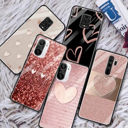 Tempered Glass Case For Xiaomi Redmi Note 9S 9 8 10 Pro 8T 7 Mi Poco X3 NFC 10T Lite 9T 11 Phone Cover Gold Rose Love Heart Capa