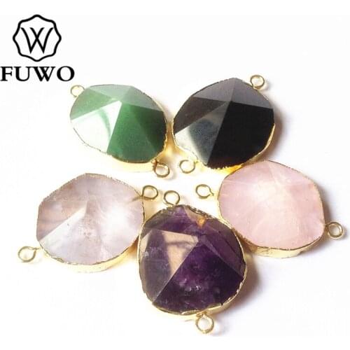 FUWO Natural Quartz Pyramid Connector Pendant With Gold Trimmed Edge,Multicolor Crystal For Women Jewelry Making PD266