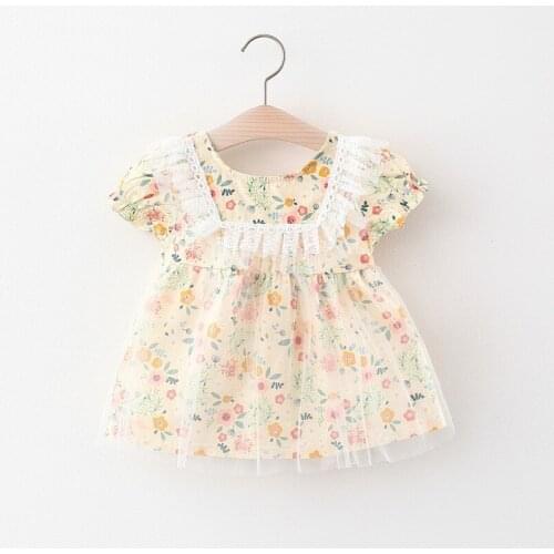 Trendy childrens clothing girls floral dress summer infant children girls baby puff sleeve mesh stitching princess skirt