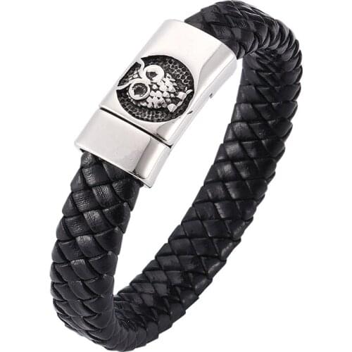 Men Women Bracelet Black Leather Stainless Steel Magnet Buckle Bracelet Man owl Punk Men Jewelry Gift BB0262