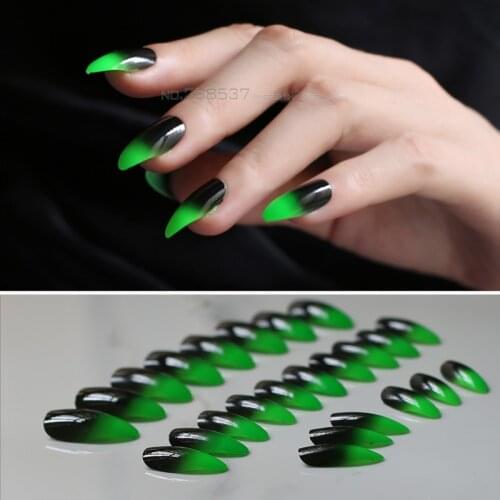 Stiletto false nails Black green gradient 24pcs purple shiny nails white point gray Cool color with Stickers fake nail blue pink