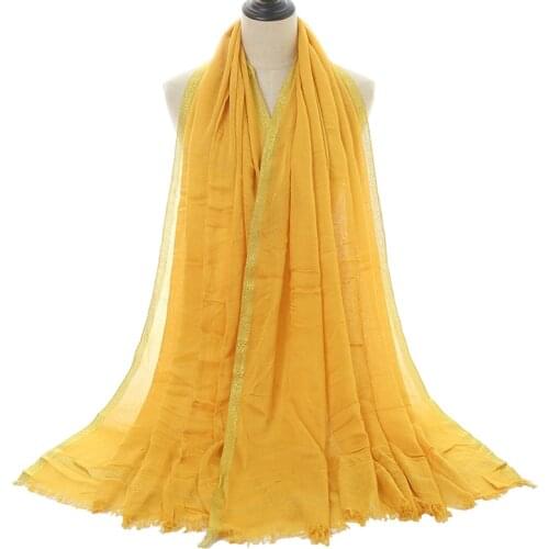 New Arrival Plain Cotton Scarf Gold Glitter Tassel Shawl Solid Color Shimmer Scarves Muslim Women Hijab Gold Thread Stoles 1PC