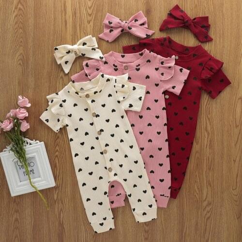 Newborn Baby Girl Clothes For newborn baby Infant Baby Girls Valentines Day Hearts Print Ruffles Romper Jumpsuit+Headbands