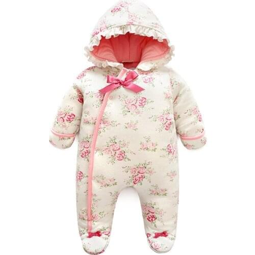 Newborn Baby Girl Clothes Winter Thicken Warm Floral Princess Jumpsuit Hooded Kids Cotton Baby Romper Dress Toddler Outerwear