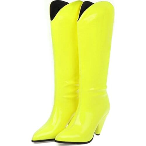 Candy Patent Leather Womens High Boots Winter Shoes Fashion Western High Knee Boots Women Slip-on Party Shoes Ladies Large Size