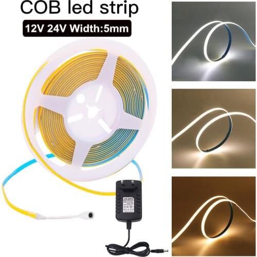 Width 5mm COB LED Strip DC 12V 24V 384 LEDs White /Natural White/ Warm White Flexible Tape Ribbon COB LED Lights 5m/Lot