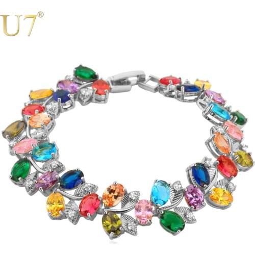 U7 Luxury CZ Crystal Jewelry Charm Bracelet Wholesale Trendy Gold Color Cubic Zirconia Leaf Tennis Bracelet For Women H575