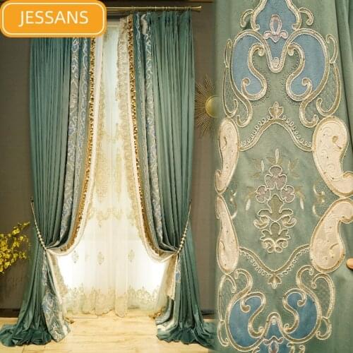 High-end French Velvet Embroidery Stitching Thickened Blackout Curtains for Living Room and Bedroom Custom Finished Products
