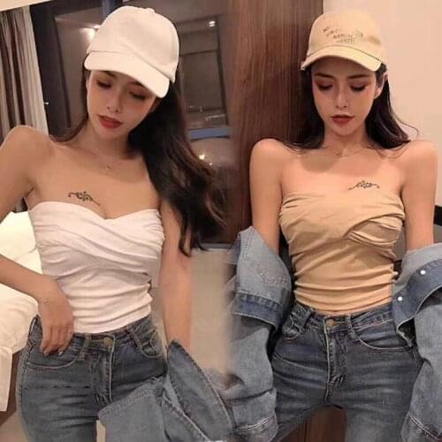 Wenfly Women Sexy Off Shoulder Strapless Slim Short Solid Color Cotton Female Vest Crop Tops Backless Pleated Casual